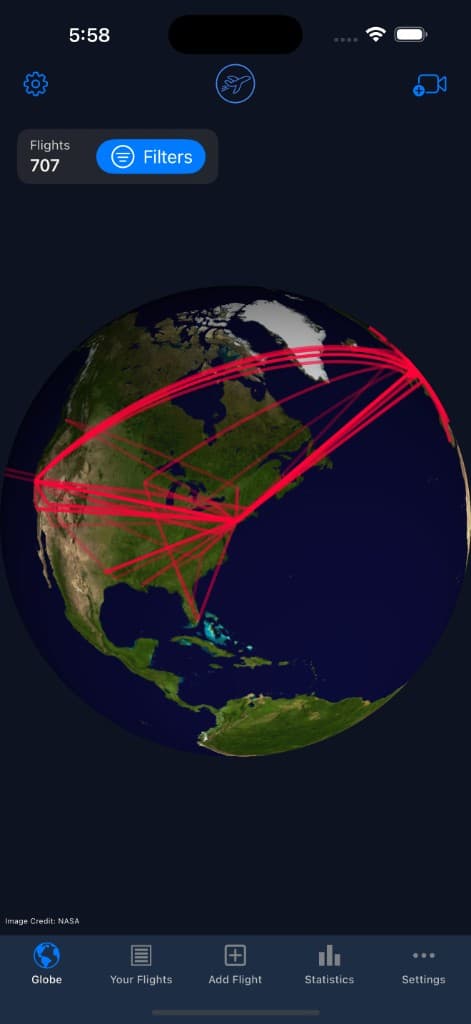 Interactive 3D flight route map and globe in YourFlights personal flight tracker