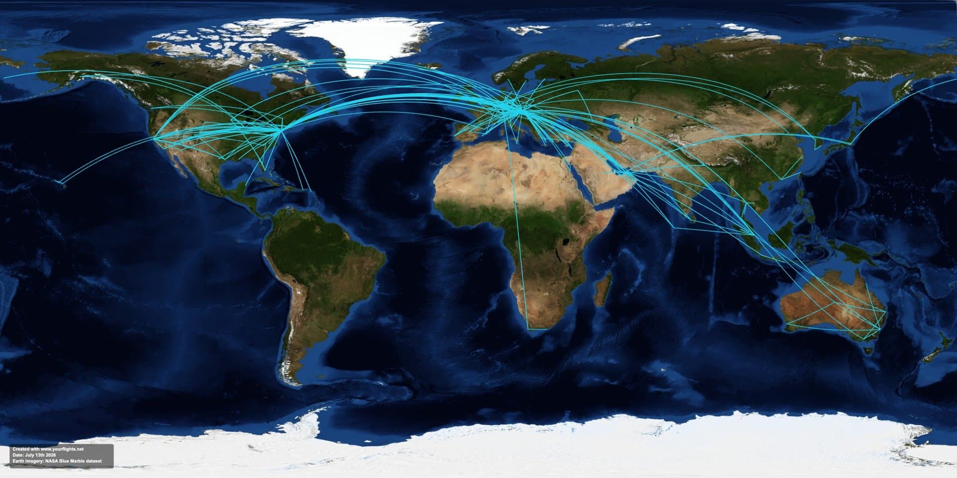 A 2D world map of personal flight routes exported from YourFlights, ready to print