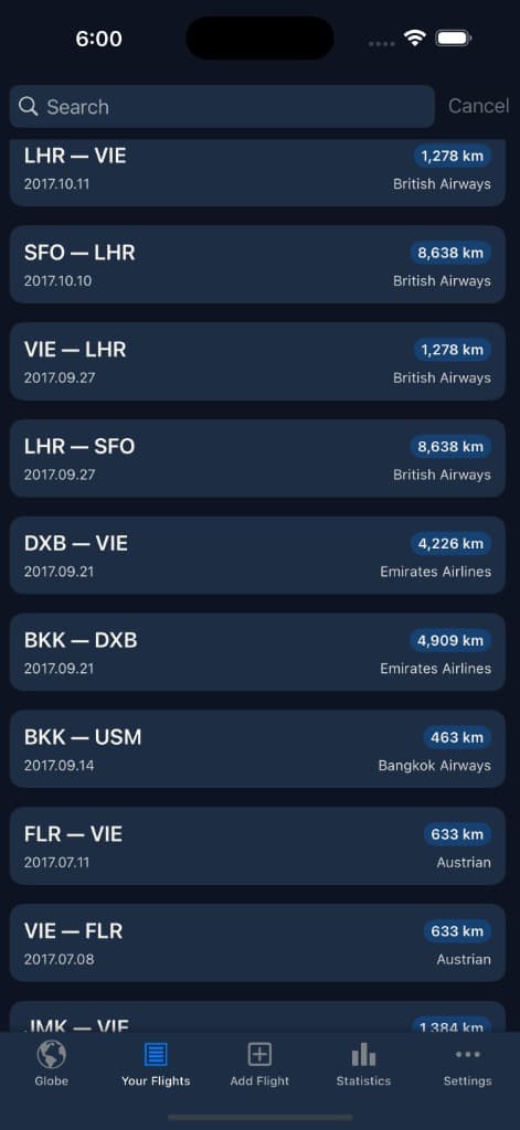 YourFlights flight list showing personal flight history, routes, and airlines
