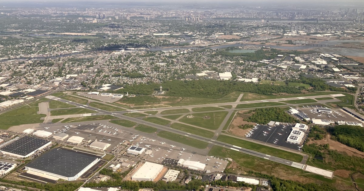 Aerial view of Teterboro Airport in New Jersey, showing runways and taxiways from above.