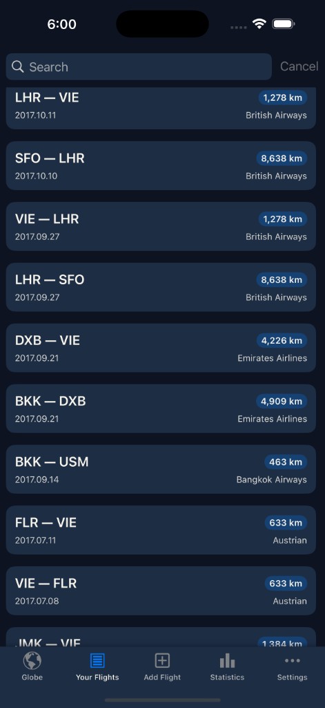 Your Flights screenshot